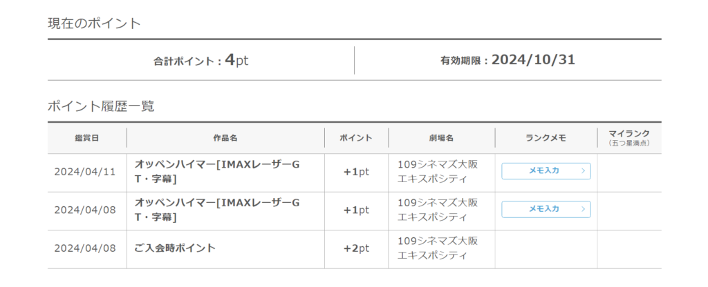 109シネマズ会員ページ・ポイント
